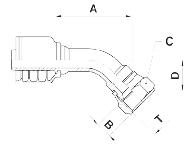 Texcel F4-1216-JFS45M - 3/4 in JIC Female Swivel 45° Bent Tube Medium Drop Hose End